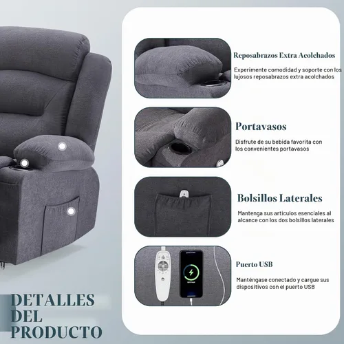 Vista 7 de Sofá reclinable extragrande con calor y masaje, sofá reclinable RV grande de 3 plazas para sala de estar, sofá reclinable de pared con portavasos
