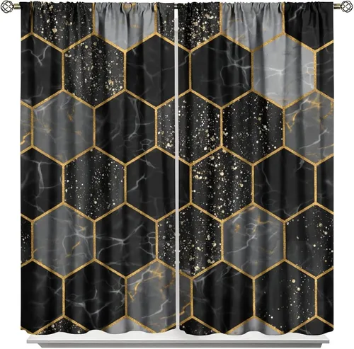 Vista 87 de Cortinas Negras con Dobladillo Dorado, Cortinas Opacas con Bolsillo para Barra con Estampado de Rayas de Foil en Onda Dorada para Decoración de Negro
