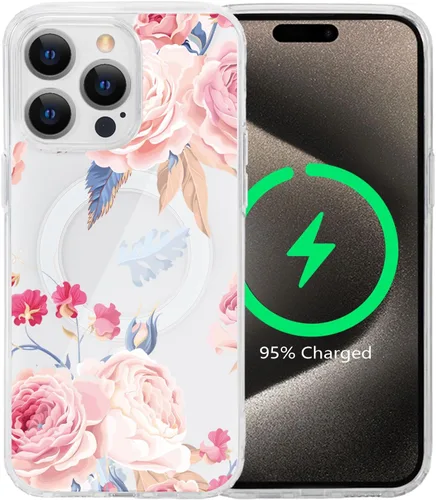 Vista 64 de Funda magnética de flores para iPhone 15 [compatible con MagSafe] Bonito patrón floral transparente a prueba de golpes