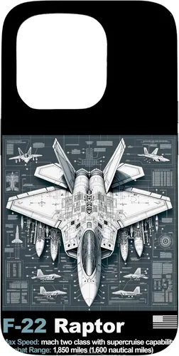Vista 14 de F22 Raptor Fighter Jet Blueprint - Funda para iPhone 16, diseño técnico y especificaciones