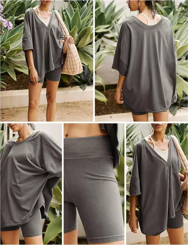 Vista 4 de Womens Oversized 2 Piece Outfits Reversible Short Sets V Neck T Shirt Tops Biker Shorts Workout Tracksuit