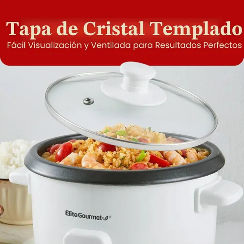 Vista 4 de Elite Gourmet Olla arrocera y vaporera, olla antiadherente, blanco, 6 tazas