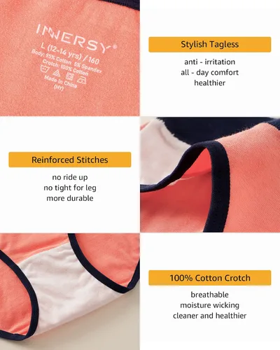 Vista 5 de INNERSY Ropa interior de algodón elástico para niñas adolescentes, calzones cómodos de tiro medio, paquete de 6