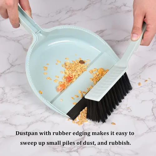 Vista 3 de Juego de mini escoba de mano azul y recogedor - Pequeño recogedor con cepillo para el hogar, cocina, oficina, coche