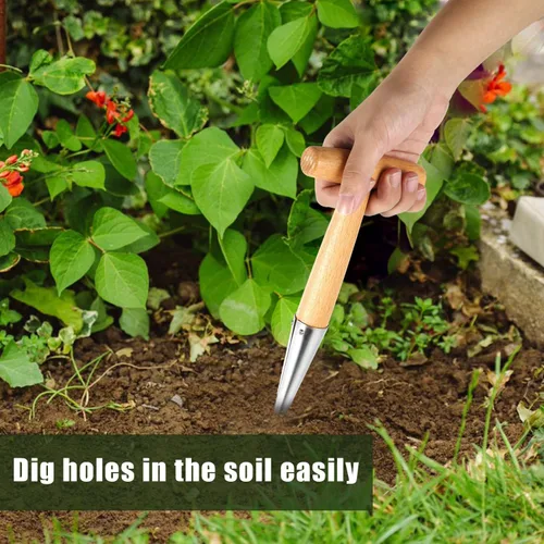 Vista 6 de XIHIRCD Dibber de mano con mango de madera, herramienta de jardinería Dibbler de acero inoxidable, perforador de agujero de cabeza de mano, maceta