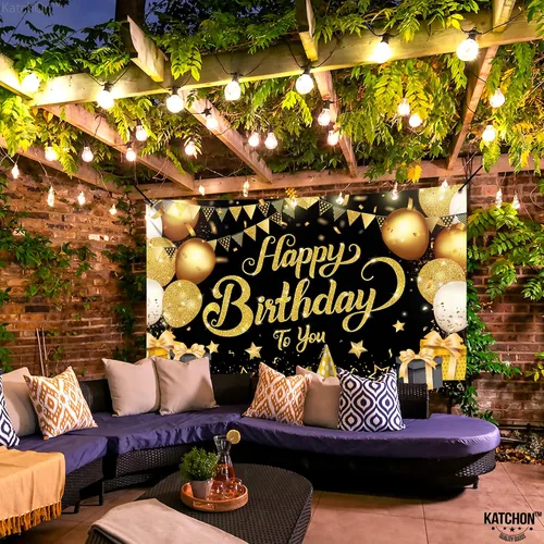 Vista 6 de KatchOn, Cartel de feliz cumpleaños negro y dorado, extragrande, 72 x 44 pulgadas, pancarta de fondo negro y dorado para decoraciones de feliz