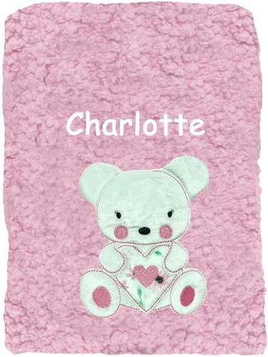 Vista 4 de Manta de bebé Sherpa rosa con personaje de oso de peluche personalizado con nombre personalizado
