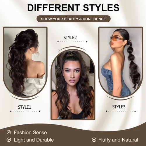 Vista 4 de FREEMEIGE Extensión de cola de caballo, extensiones de cola de caballo con cordón, 22 pulgadas de largo, rizadas, onduladas, extensiones de cabello