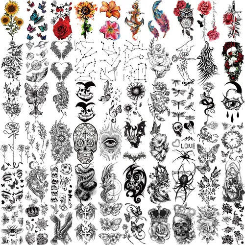 Vista 2 de Yazhiji 77 hojas de tatuajes temporales impermeables para niñas o niños, 17 hojas más grandes de medio brazo, lobo, tigre, león, tatuajes falsos