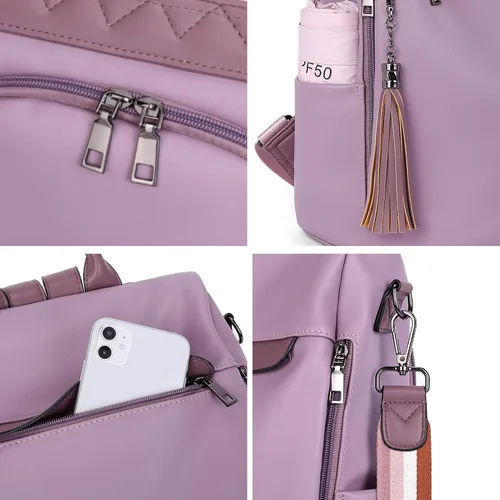 Vista 18 de Bromen - Mochila tipo bolso de mano de piel antirrobo para mujer a la moda, Beige floral, L