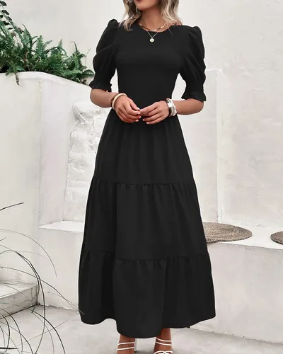 Vista 46 de BTFBM Vestidos para mujer, cuello redondo, casual, de verano, con volantes, manga corta, bohemio, con niveles, fruncido, largo, con estampado floral