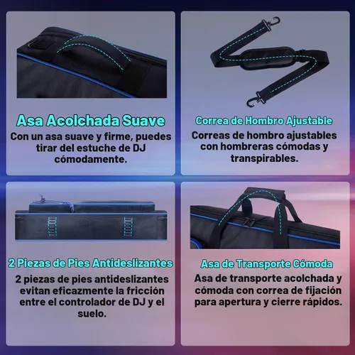 Vista 5 de Funda para controlador de DJ compatible con DDJ-FLX10/ 1000/ 1000SRT/ DDJ-GRV6/REV5/REV7, bolsa acolchada con correa ajustable para el hombro Azul