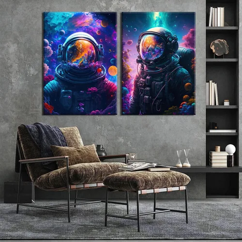 Vista 7 de Arte de pared de astronauta abstracto retro astronauta en el océano, póster colorido y fantástico universo espacial, impresiones de pintura espacial