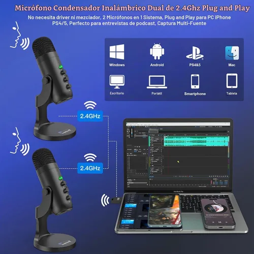 Vista 2 de ZealSound Micrófono inalámbrico de podcast para PC y iPhone, micrófonos de escritorio dobles con reducción de ruido, toque para silenciar, controles