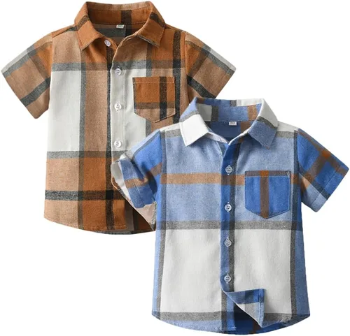 Vista 9 de Feidoog Paquete de 2 camisas a cuadros de manga corta con botones para bebés y niños pequeños Marrón+azul oscuro