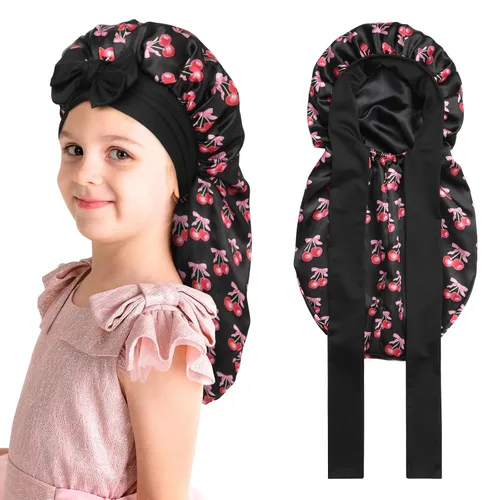 Vista 7 de Gorro de pelo largo para niños para dormir - Gorro de satén elástico de doble capa para niñas con banda de amarre para cabello trenzado y rizado