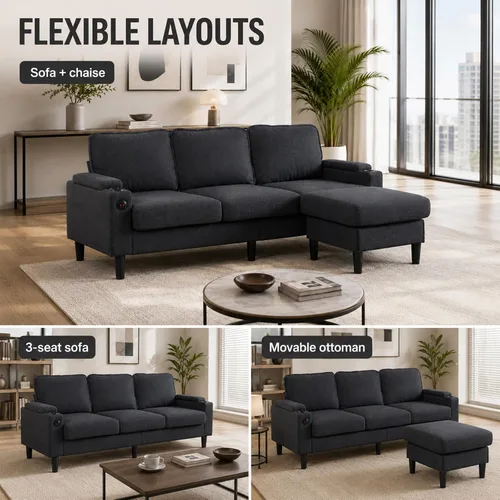 Vista 3 de Sofá modular de terciopelo en forma de L de 67 pulgadas con otomana, sofá convertible de 3 asientos con asiento profundo de nube para sala de estar
