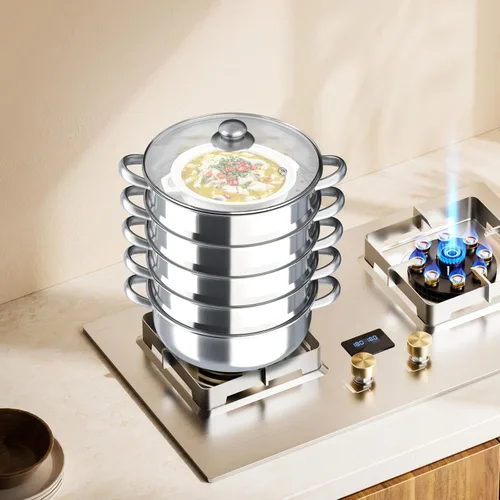 Vista 8 de Olla vaporera de acero inoxidable de 5 niveles de 11 pulgadas, olla apilable multiusos con tapa de vidrio a prueba de explosiones, asas duraderas