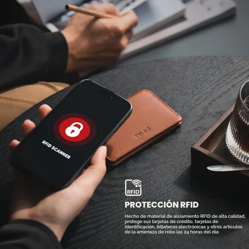 Vista 5 de VULKIT Cartera delgada minimalista con bloqueo RFID de cuero para tarjetero de tarjetas de crédito con bolsillo frontal y cierre magnético, Marrón