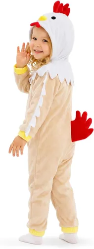 Vista 4 de Disfraz de pollo beige para niñas y niños, overol de animal con capucha 3D para fiesta de Halloween