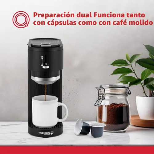 Vista 2 de Holstein Housewares Cafetera 2 en 1 de una sola porción, doble preparación, compatible con cápsulas K-Cup y café molido, filtro reutilizable Negro