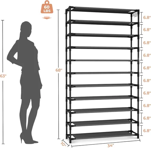 Vista 3 de VILICK Zapatero ancho de 11 niveles, 55 pares de gran capacidad, resistente, duradero, para armario, organizador de zapatos de metal con dos Negro