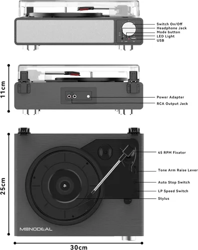 Vista 8 de MONODEAL - Tocadiscos de vinilo con altavoces, tocadiscos de 3 velocidades para discos de vinilo con transmisor Bluetooth, parada automática, salida