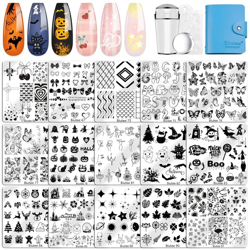 Vista 11 de Biutee - Juego de 10 placas de estampado de uñas, diseño de Halloween, kit de estampado de uñas 14 piezas