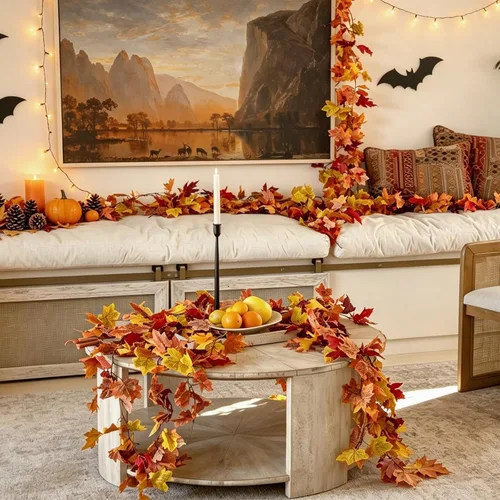 Vista 5 de CQURE Paquete de 18 guirnaldas artificiales de hojas de otoño (106.2 pies en total), guirnalda de otoño hojas de arce para decoración de arco