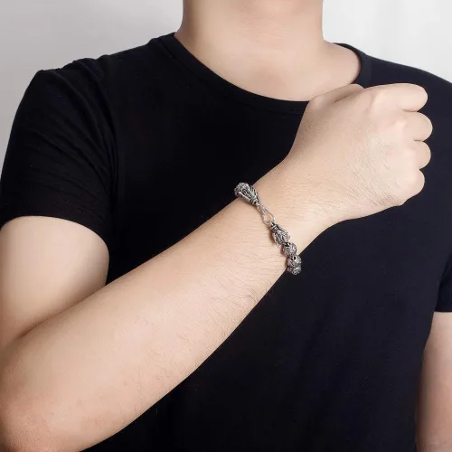 Vista 3 de Dankadi Pulsera de plata vintage para hombre, pulsera creativa de plata de ley 925 con dragón de 0.433 in, cadena de cuentas de 7-8-9-10 pulgadas
