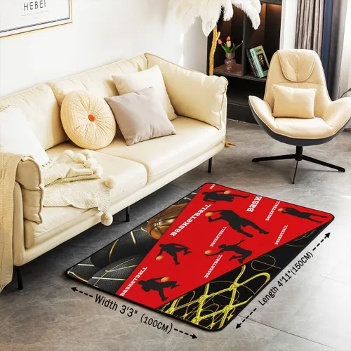 Vista 2 de Erosebridal Alfombra de baloncesto de 3 x 5 pies para niños y niñas, alfombra de área de jugadores de baloncesto, color negro, rojo y dorado