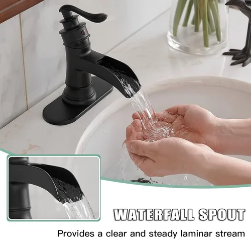Vista 3 de BWE grifo de baño negro cascada sola manija solo agujero grifo de lavabo con línea de suministro paquete de drenaje desplegable con desbordamiento