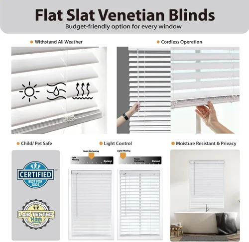 Vista 2 de DEZ FURNISHINGS Persiana veneciana de listones planos inalámbricos de 2 pulgadas, 20 pulgadas de ancho x 48 pulgadas de alto, color blanco