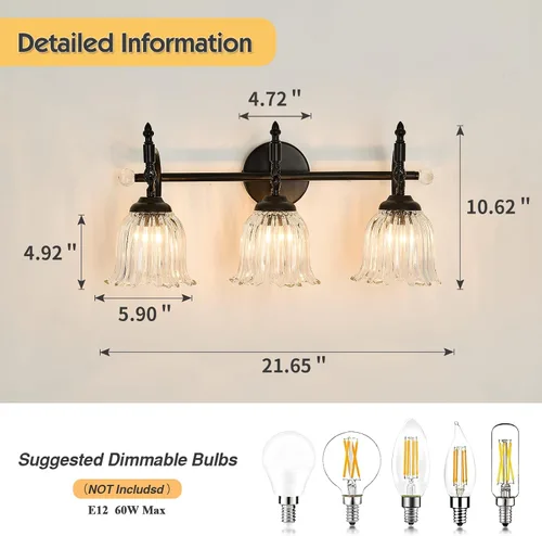 Vista 3 de CVKASH Accesorios de Lámpara de Tocador de Baño de 3 Luces Sobre Espejo, Lámpara de Tocador Moderna Negra con Pantalla de Vidrio, Aplique de Pared