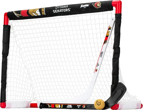 Vista 20 de Franklin Sports NHL - Juego de mini hockey para niños, portería de hockey sobre rodilla, pelota + 2 palos, juego de juguetes para interiores