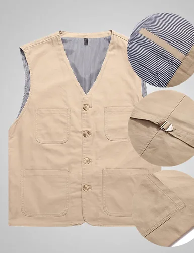 Vista 4 de HangNiFang Chaleco casual de algodón de mezclilla para hombre, chaleco con bolsillos para exteriores