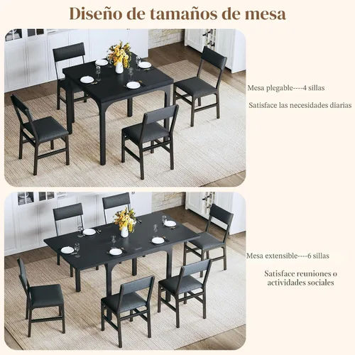 Vista 3 de Juego de mesa de comedor de 7 piezas para 4-6, sillas extensibles para mesa de cocina, juego de 6 con 6 sillas, mesa de comedor rectangular con Negro