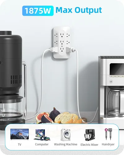 Vista 7 de Extensor de 9 salidas de CA, toma de pared de enchufe múltiple con USB C Plug Adapter with USB Wall Charger (2 USB-C Ports), Surge Protector Power