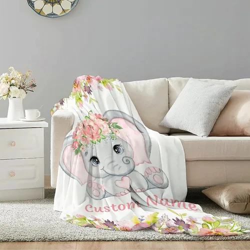Vista 2 de Manta de bebé personalizada con nombre, diseño de elefante, flor rosa, manta de forro polar personalizada para niñas, niños, baby shower, regalo