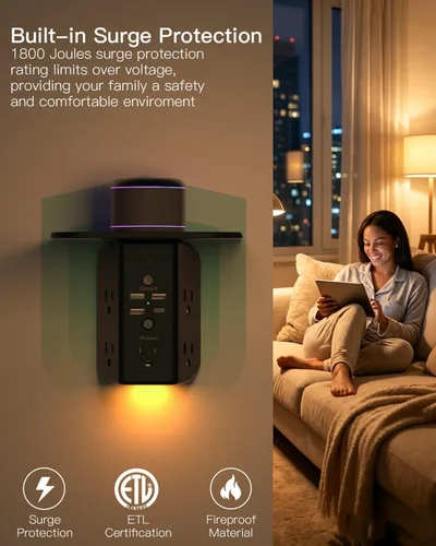 Vista 3 de Extensor de toma de pared con estante y luz nocturna, protector de sobretensiones, cargador de pared USB con 5 salidas de CA y 3 puertos USB A, 1
