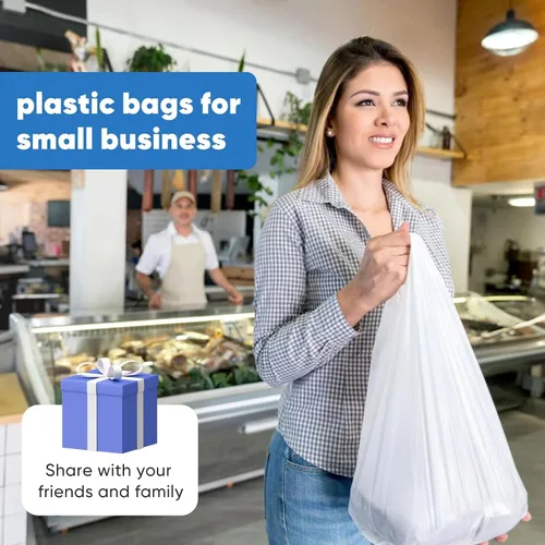 Vista 2 de Bolsas de plástico LimonLaviu con asas - 310 unidades, bolsas en forma de camiseta blanca fuerte de 25 mic/1 mil para pequeñas empresas