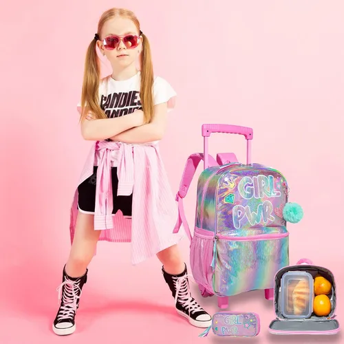 Vista 6 de Egchescebo Mochila con ruedas para niñas de 16 pulgadas, 3 unidades, Arco iris, lg-lpg