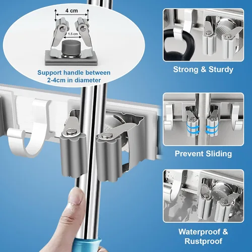 Vista 4 de Soporte de pared para trapeador y escoba, ganchos de metal resistentes, organizador de escobas, sistemas de almacenamiento de garaje, estantes