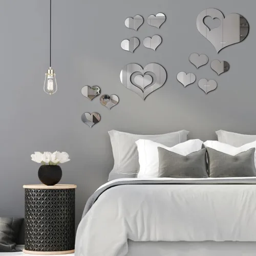 Vista 5 de KIMOBER 13 calcomanías de pared con forma de corazón, acrílico plateado para el día de San Valentín, autoadhesivas, removibles, para decoración