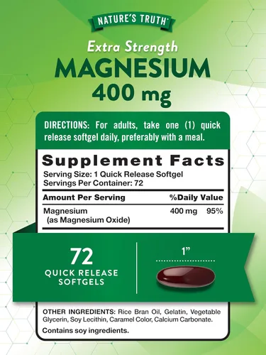 Vista 2 de Nature's Truth Magnesio 400mg 72 cápsulas blandas Tamaño de valor Extra fuerte de óxido de magnesio Suplemento sin OMG y sin gluten