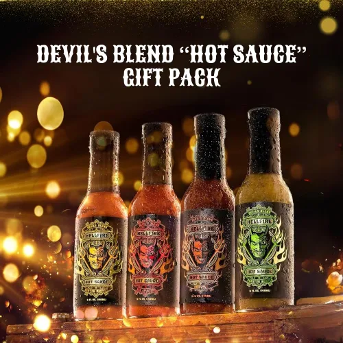 Vista 2 de Hellfire Hot Sauce Devil's Blend - Paquete de regalo de salsa picante gourmet con 4 sabores picantes (cuatro botellas de 5 onzas)
