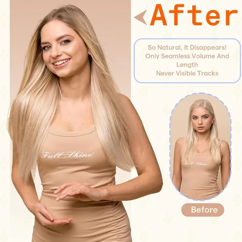 Vista 7 de Fshine Extensiones de cabello humano real con cinta adhesiva, color rubio raíz oscuro, 22 pulgadas, color marrón ceniza degradado a rubio, # 1