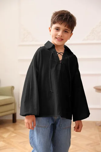 Vista 3 de Camisa medieval de pirata para niños vikinga, renacentista, con cordones, mercenario, Halloween, jacobita escocés, Ghillie, tops