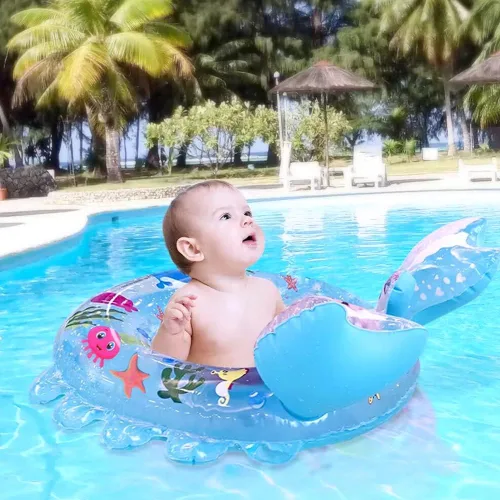 Vista 3 de AIYUENCICI Flotador de natación para bebé, balsa flotante inflable con asa de asiento de seguridad, anillo flotante de cintura para niños, bañera