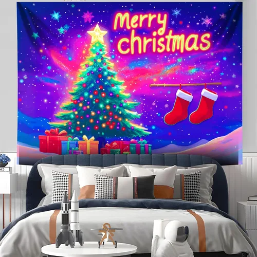 Vista 5 de NYZE - Tapiz de Navidad con Papá Noel, tapiz de luz negra que brilla en la oscuridad, colgante de pared, banner festivo, decoración para fiesta